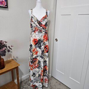 Robbie Bee Orange Gray Floral Sleeveless Maxi Criss Cross Front Medium
